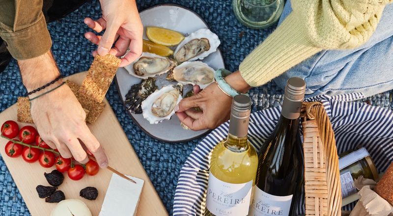 platter of oysters and wine on a wooden table, from the Villa Pereire wine blog on how to pair wine with oysters