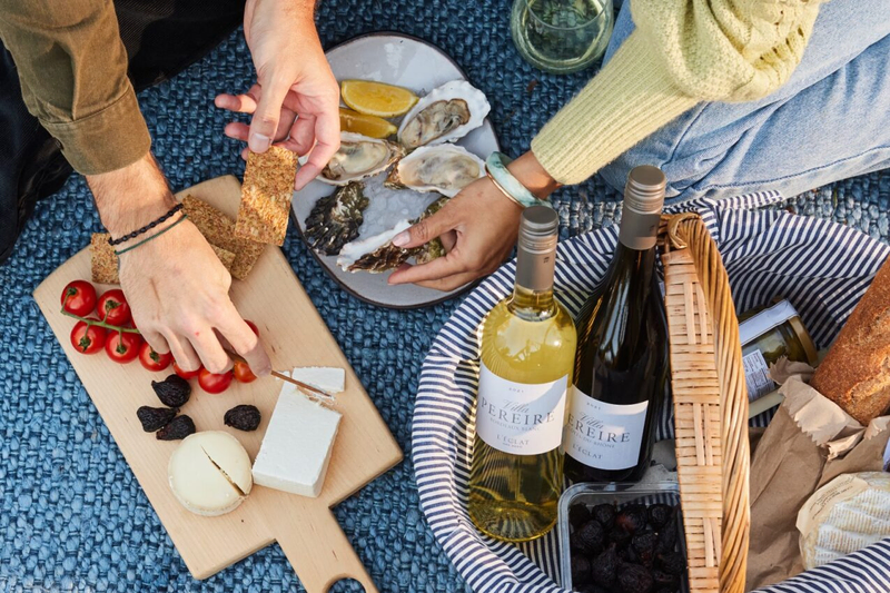 couple sharing a seafood and cheese paired with white wine and red wine
